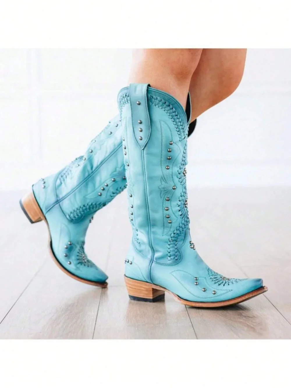 Blue Western Women's Embroidered Slip On Chunky Heel Classic Boots